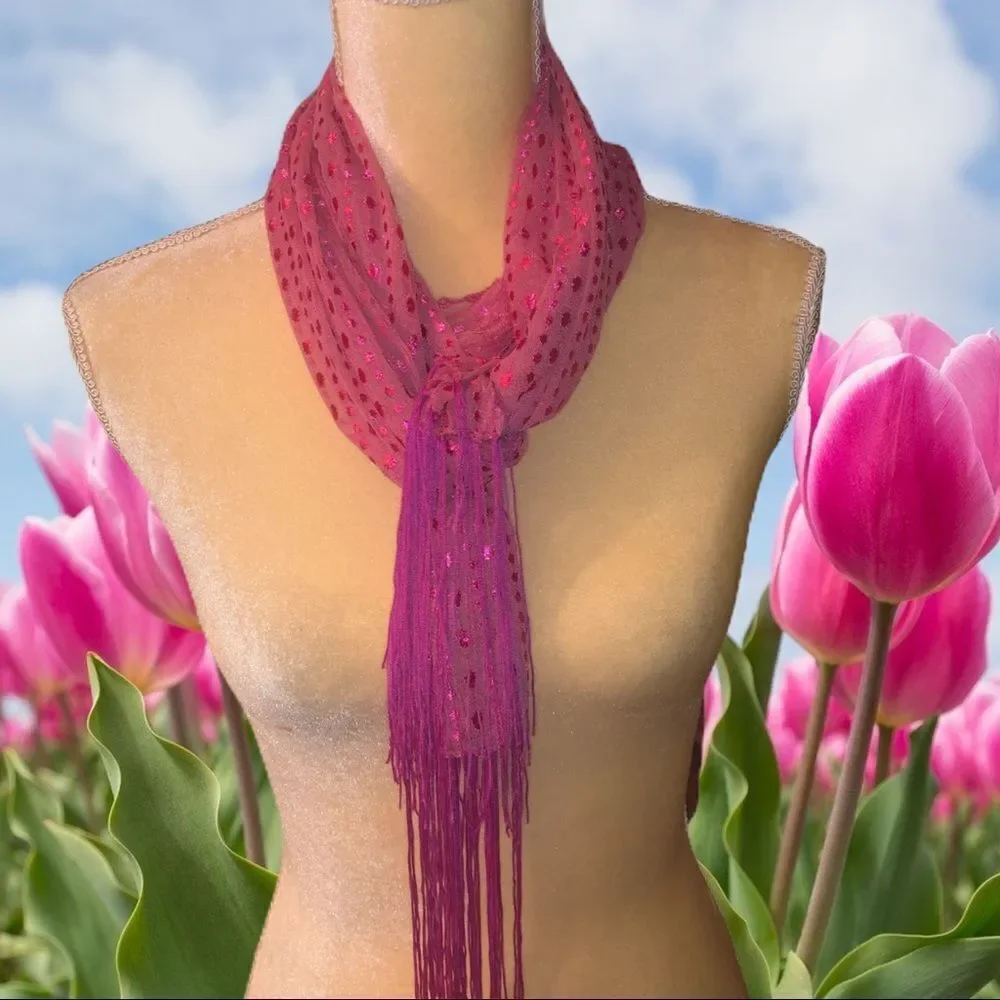 Pink sheer scarf with fringe